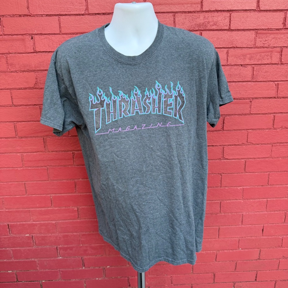 Thrasher Magazine Flame Logo Shirt Mens Large Graphic‎ Blue Skater Grunge Gray